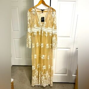 Forever 21 Duster Kimono Womens Med Nude Lace Topper Swim Beach Cover Up Sexy